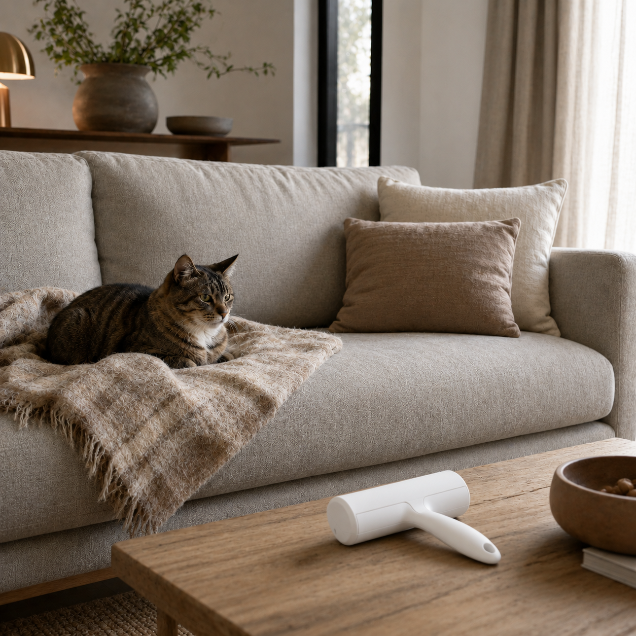 Gezellige minimalistische woonkamer met kat