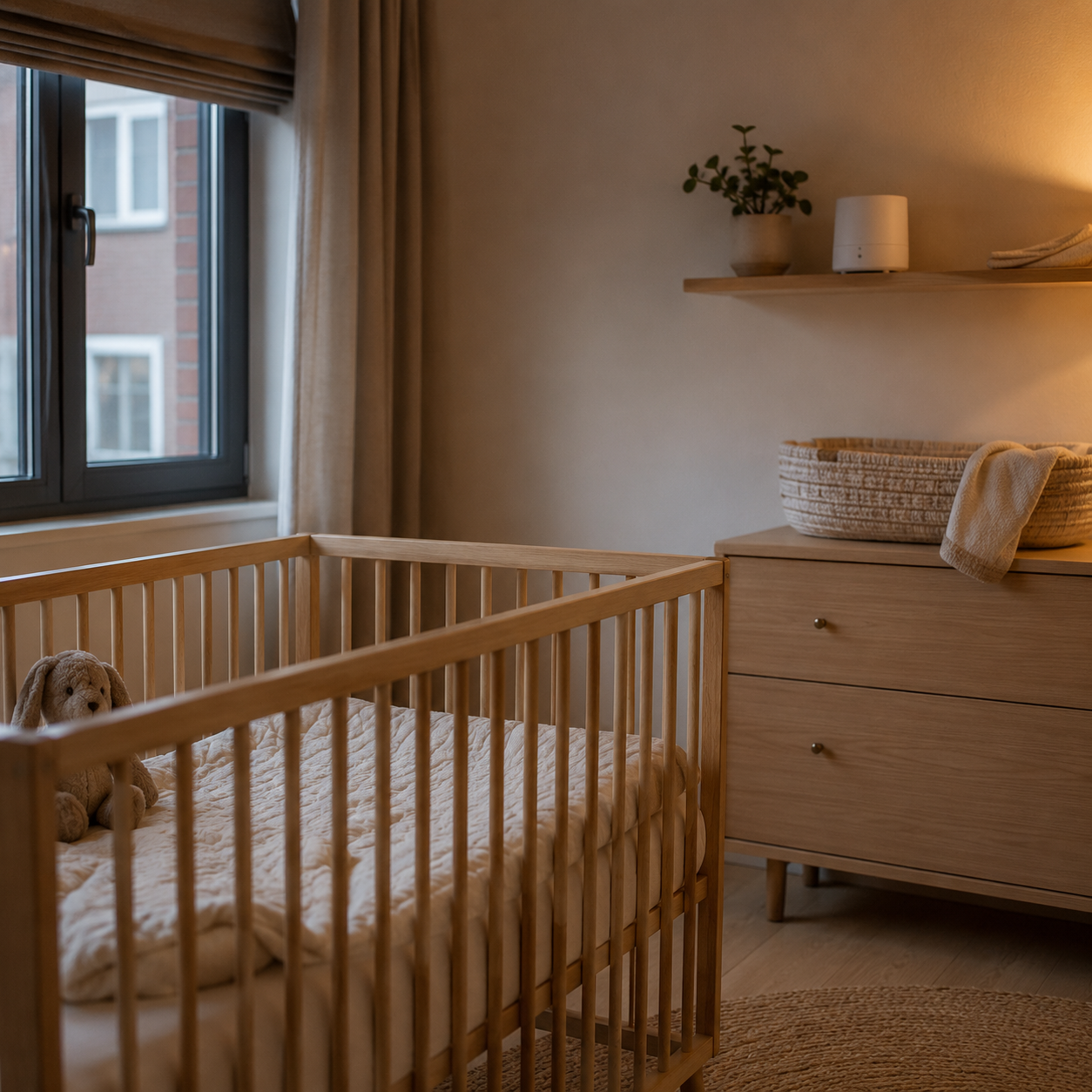 Gezellige minimalistische babykamer in warm licht.