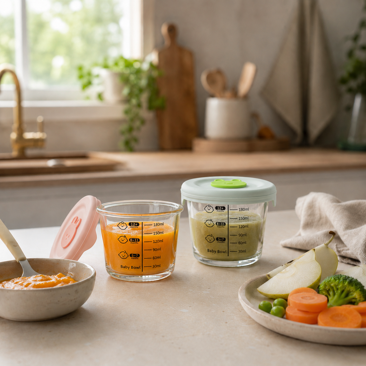 Gezellige, moderne keuken met babyvoeding.