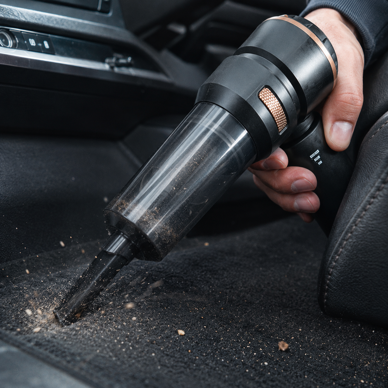 Handheld stofzuiger in actie binnen auto