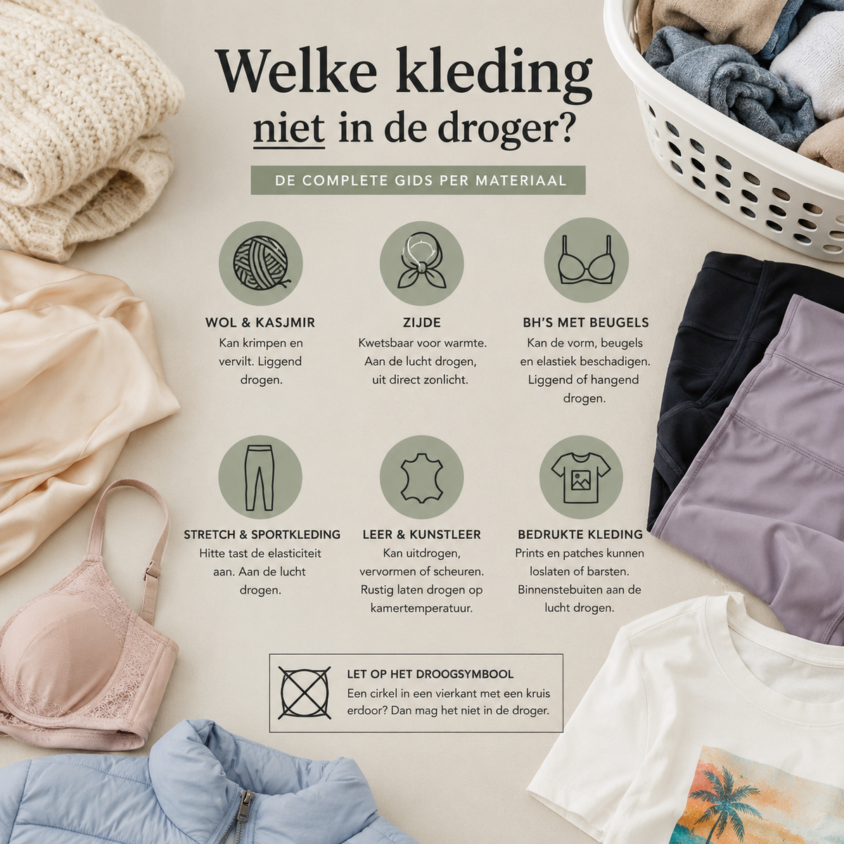Infographic met kleding die niet in de droger mag, zoals wol, zijde, lingerie, leer en sportkleding