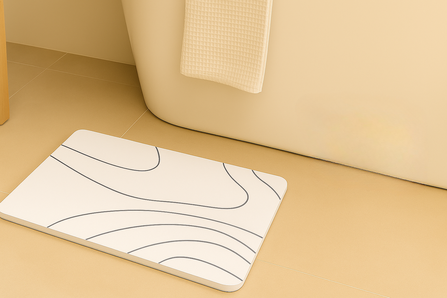 Velini Diatomeeënaarde Badmat in een moderne badkamer, stijlvol en minimalistisch design in wit met motief.