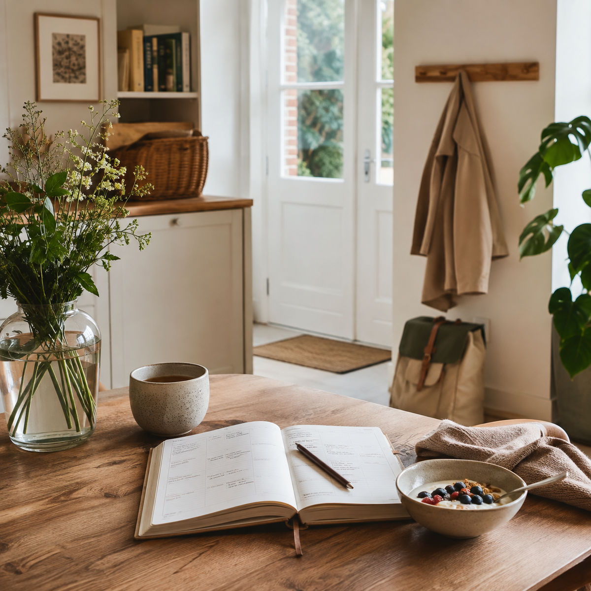 Rustige slow living ochtend met houten tafel, planner, ontbijt, bloemen en opgeruimde hal