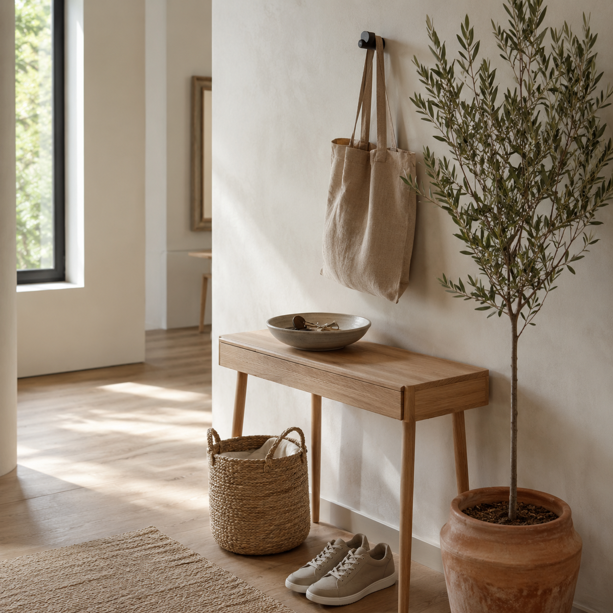 Scandinavisch geïnspireerde, minimalistische entree-inrichting.
