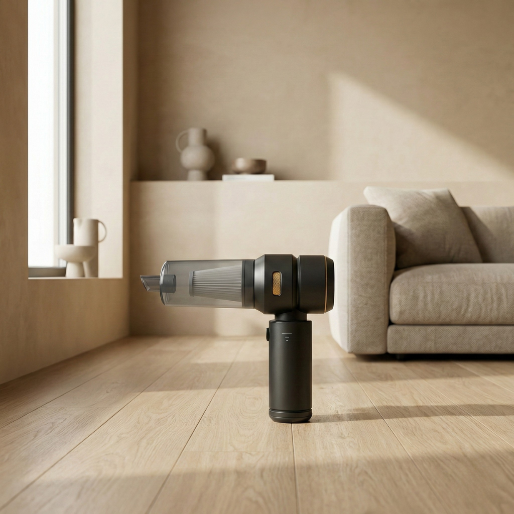 Velini draadloze stofzuiger in huiselijke setting – compact en krachtig voor het verwijderen van kruimels, haren en stof in de woonkamer.