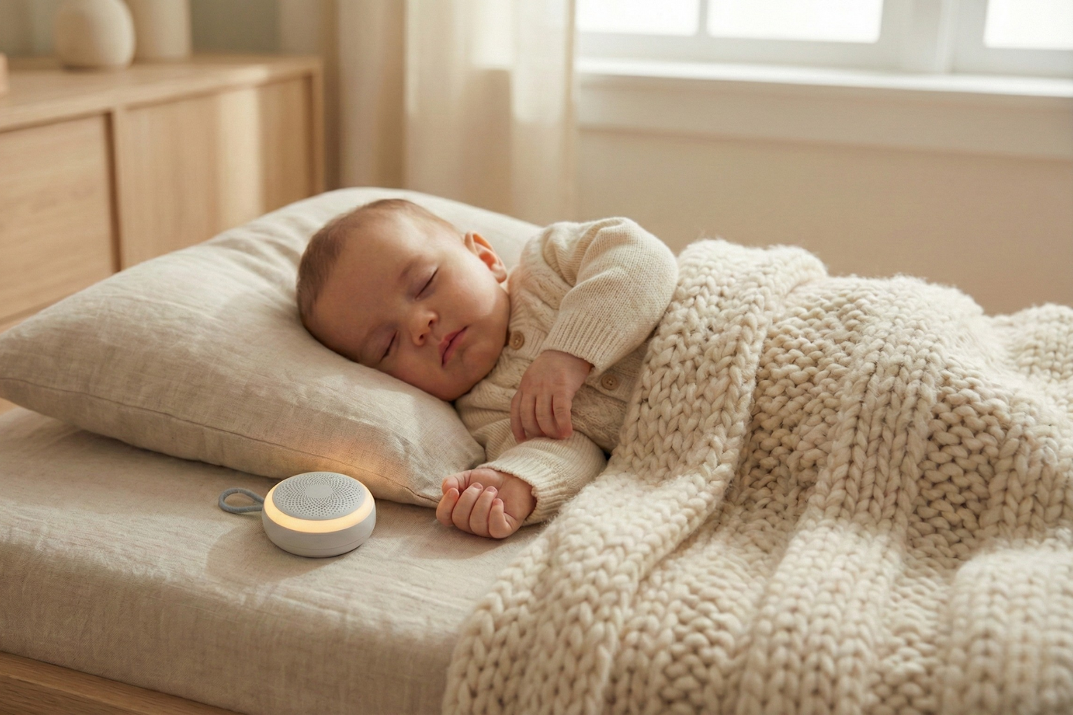 De Velini White Noise Slaaptrainer met slapend kind