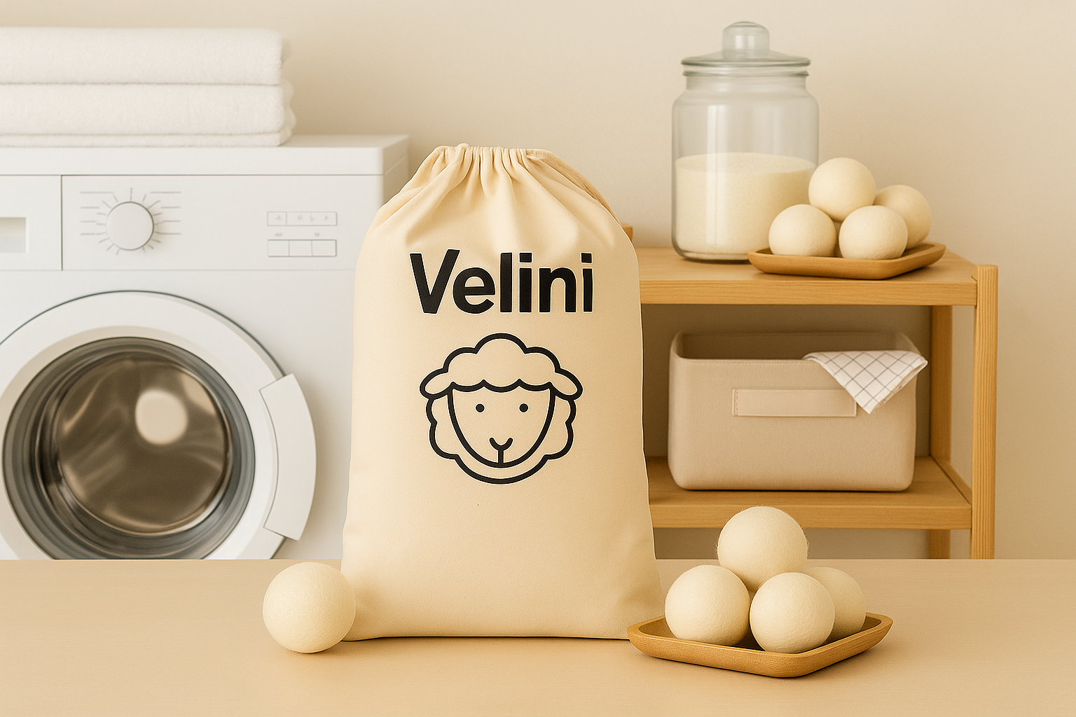 , geplaatst in een minimalistische wasruimte met schone handdoeken en wasmachine