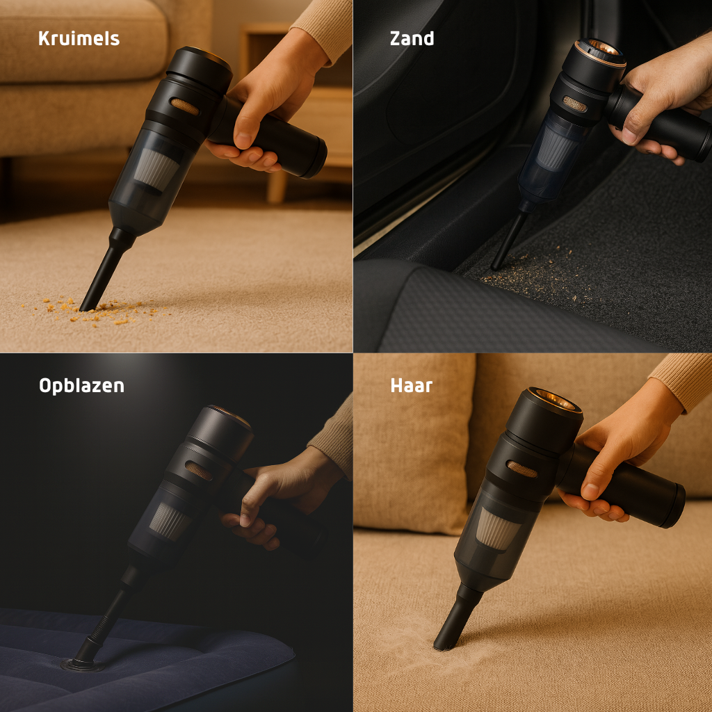 Velini draagbare stofzuiger verwijdert haar, zand, kruimels en blaast op – multifunctioneel gebruik.