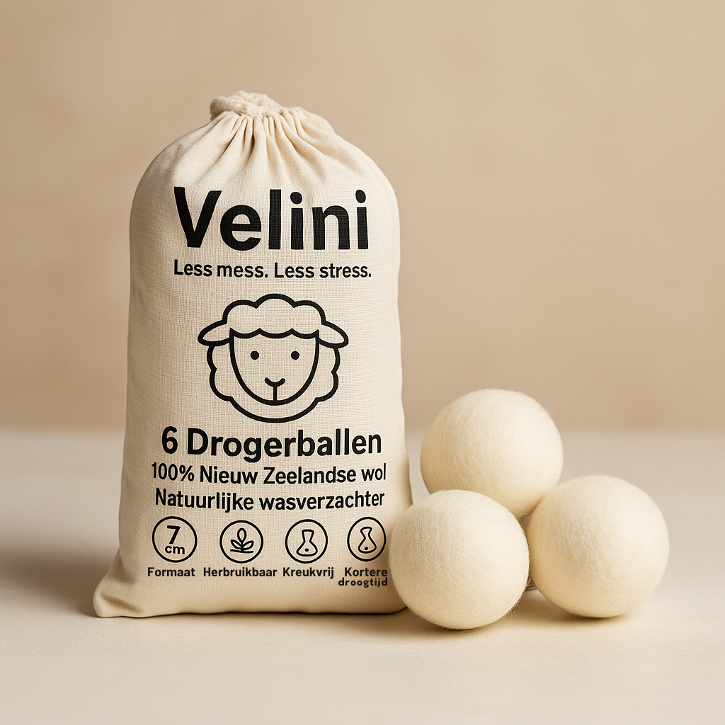 Velini drogerballen 6 stuks van 100% Nieuw-Zeelandse wol, eco en herbruikbaar.