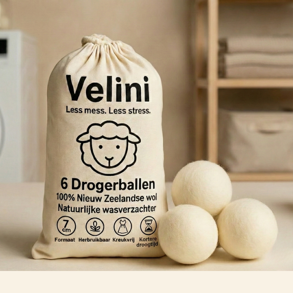 Velini drogerballen en zak op tafel in een wasruimte