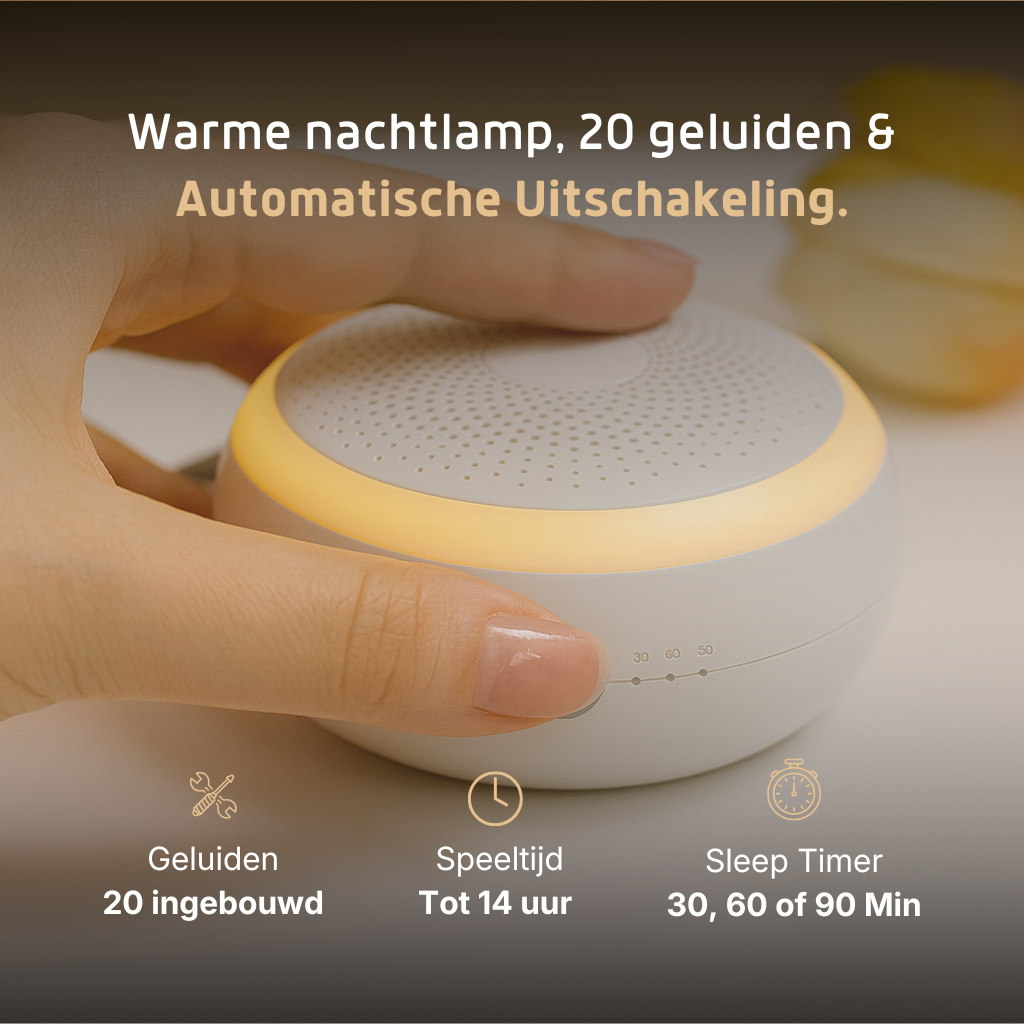 Velini white noise machine met dimbaar warm licht en sleep timer, close-up bediening