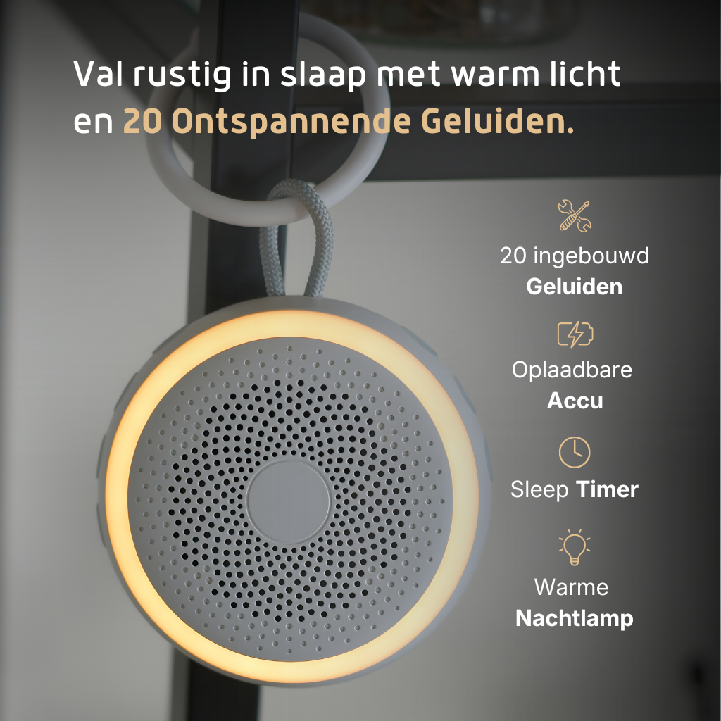 White noise slaaptrainer met 20 ingebouwde geluiden, warm licht en oplaadbare accu – Velini
