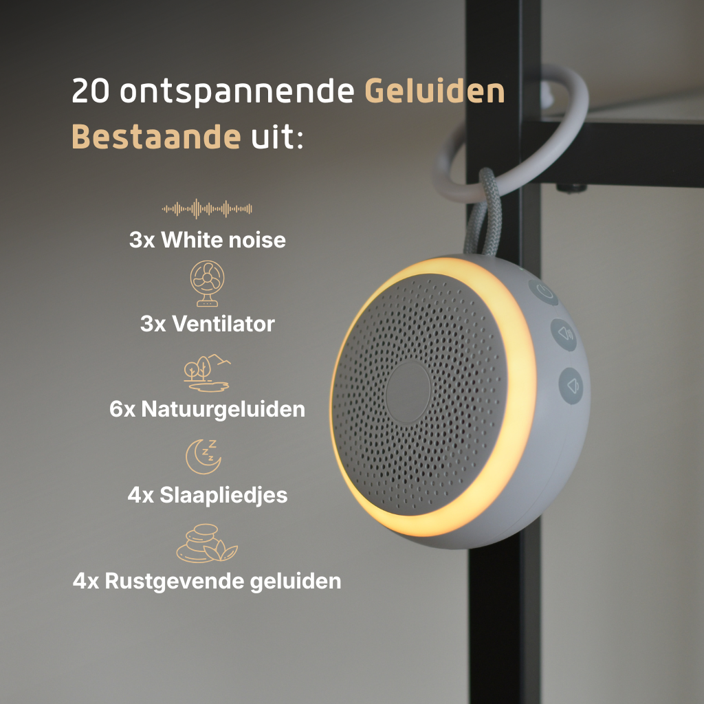 White noise slaaptrainer met warm licht hangend aan meubel – Velini compact design