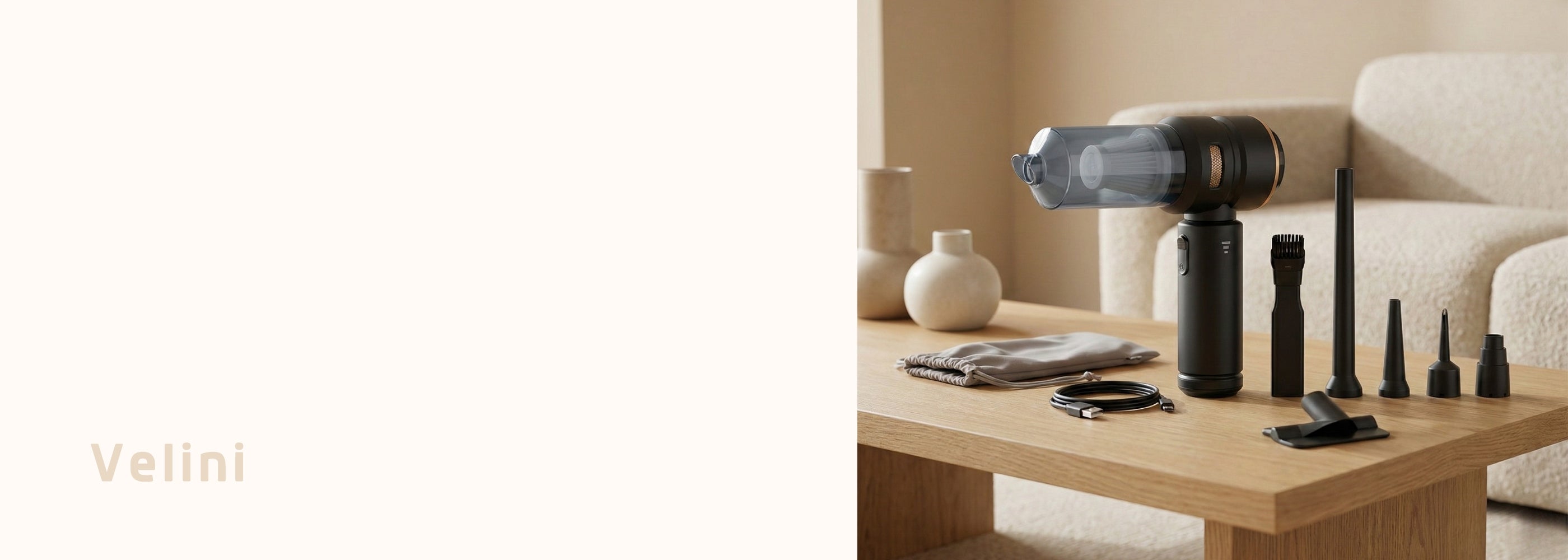 Velini draadloze stofzuiger met alle 8 opzetstukken op tafel