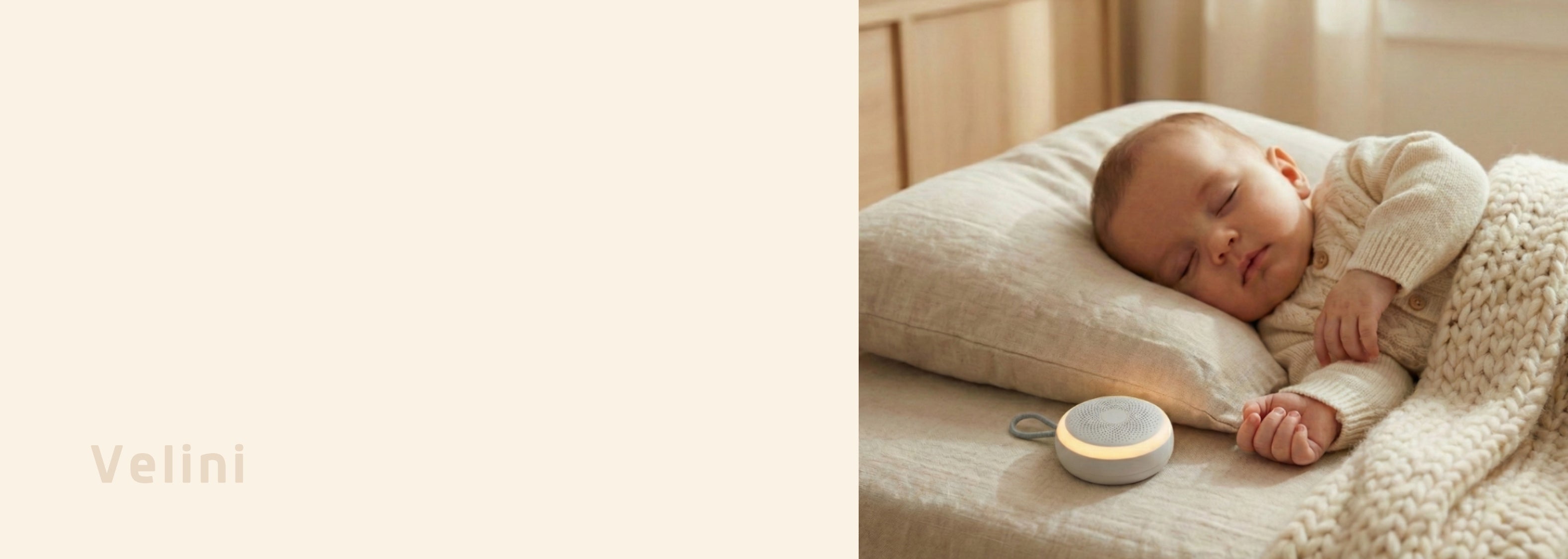 Velini white noise slaaptrainer met een slapende baby in een kinderkamer