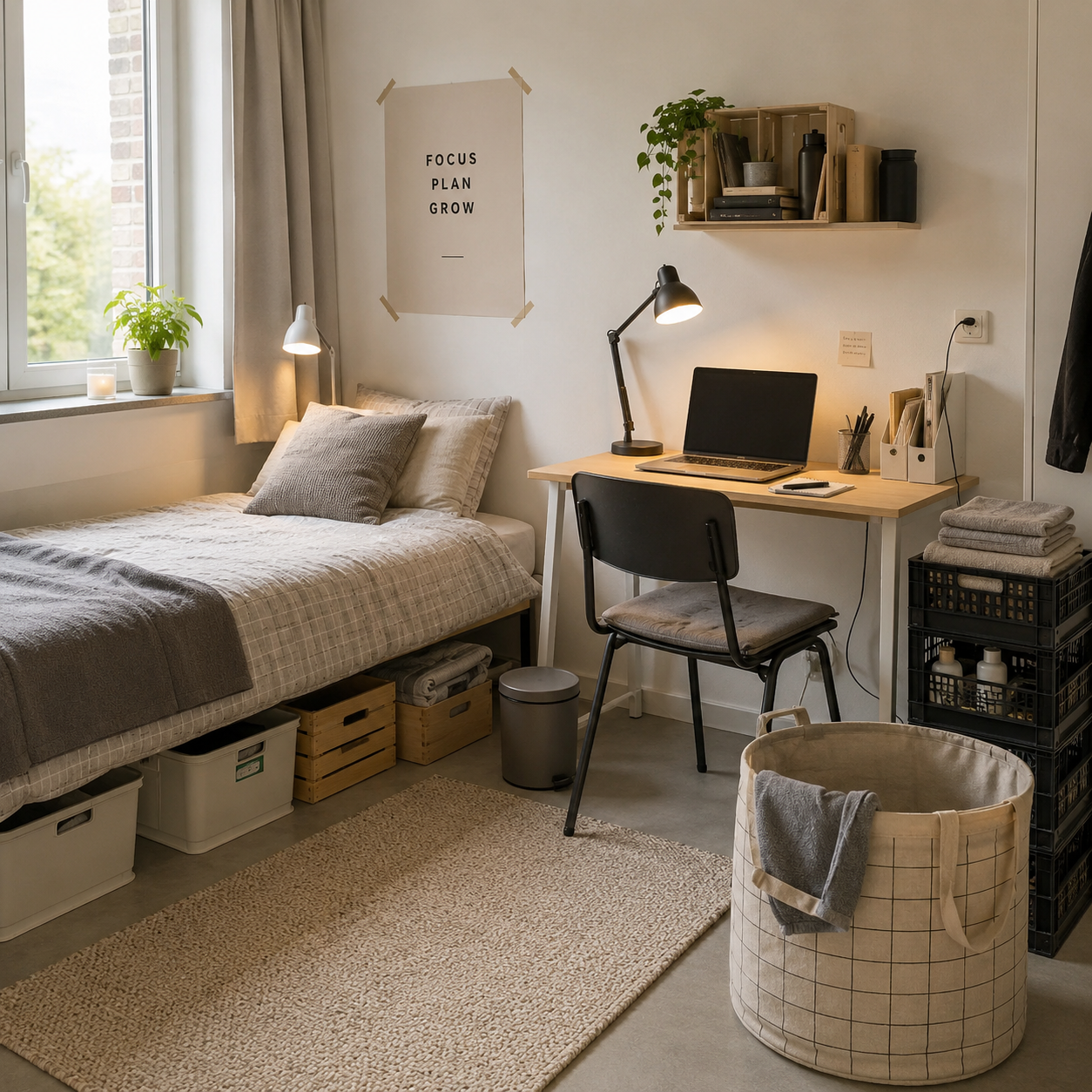 Slim ingerichte studentenkamer met bed, bureau, laptop, opbergbakken en wasmand voor een klein budget.