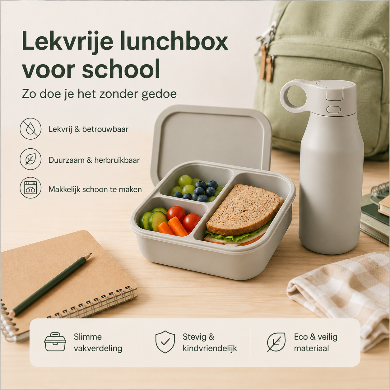 Lekvrije siliconen lunchbox met vakjes en bijpassende drinkbeker voor school