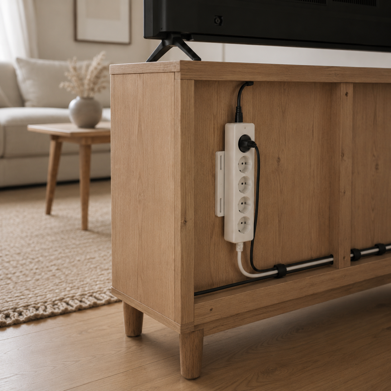 Minimalistische woonkamer met netjes weggewerkte kabels.