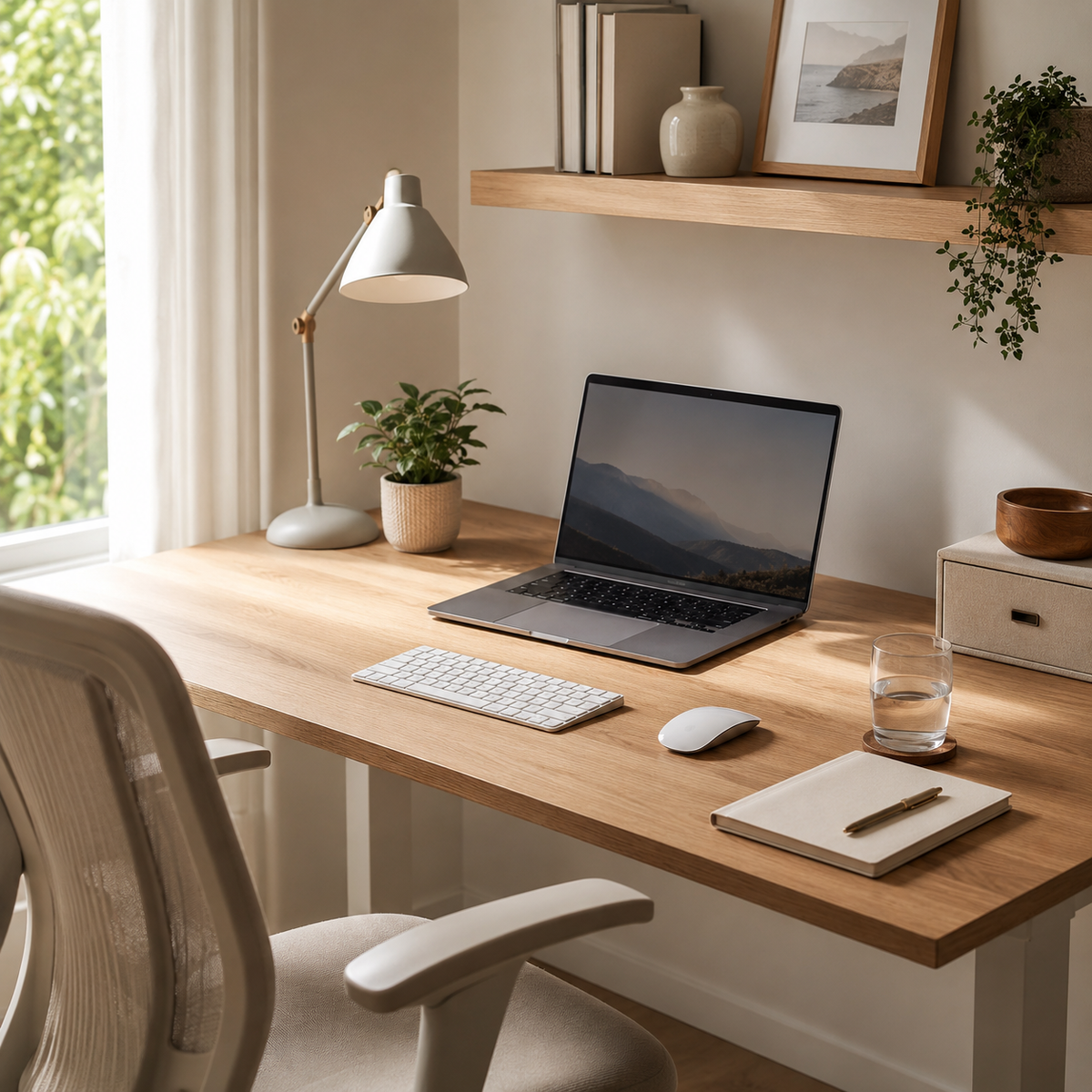 Rustige thuiswerkplek met houten bureau, laptop, bureaulamp, plant en opgeruimde accessoires voor meer focus thuis.