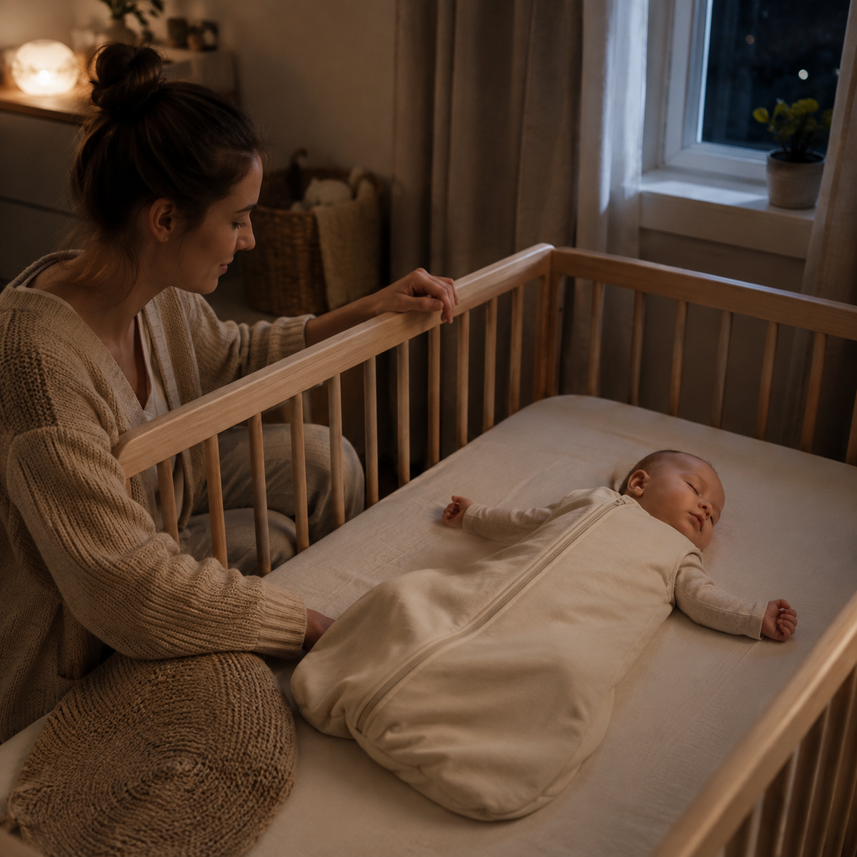 Slapende baby in een rustige babykamer met ouder naast het bedje tijdens de avondroutine