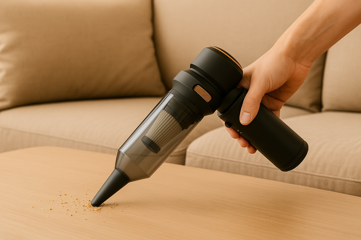 Velini draadloze stofzuiger in huiselijke setting – compact en krachtig voor het verwijderen van kruimels, haren en stof in de woonkamer.