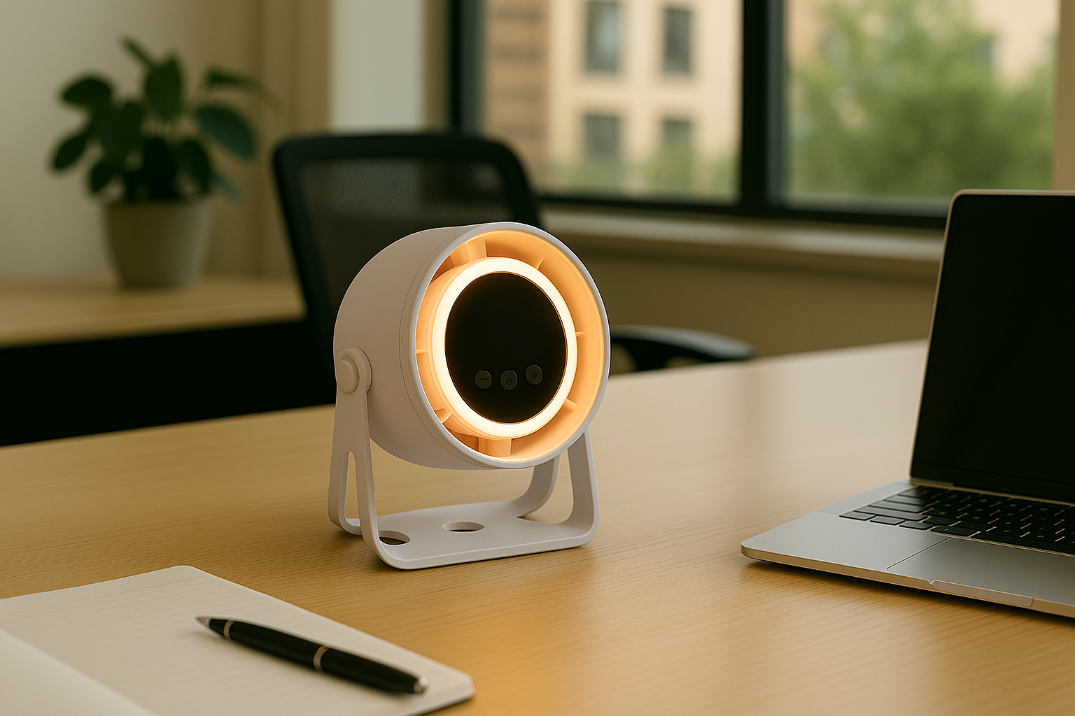 Velini Kleine Ventilator op een bureau in een minimalistische setting met laptop en notitieboek, compact en stijlvol design in warme neutrale kleuren.