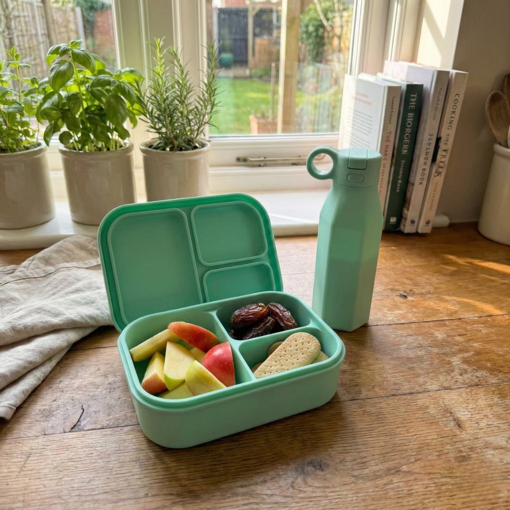  Velini Siliconen Lunch- en Drinkbeker Set  in de keuken gevuld met gezonde hapjes