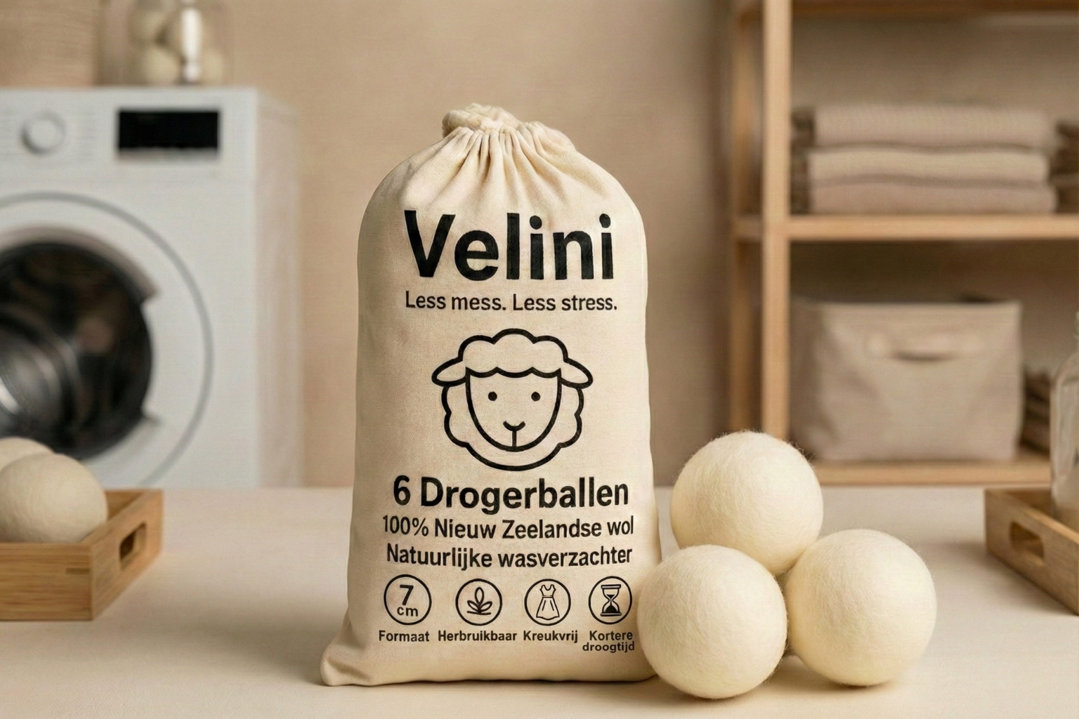 , geplaatst in een minimalistische wasruimte met schone handdoeken en wasmachine