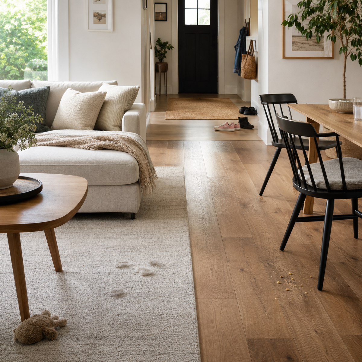 Woonkamer met houten vloer en vloerkleed met kruimels, haren en dagelijks vuil als voorbeeld van hoe vaak stofzuigen nodig is