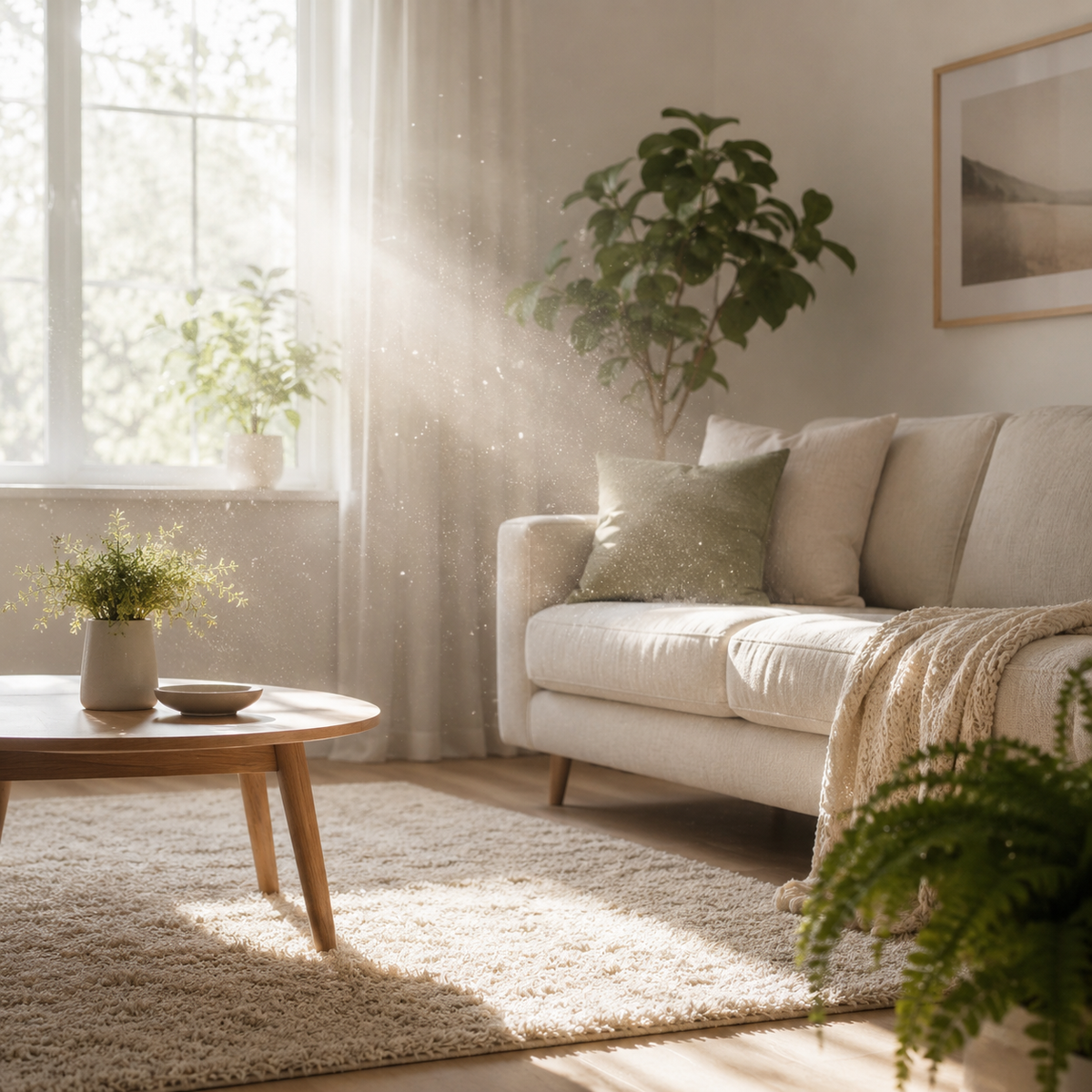 Zonnige en rustige woonkamer met zichtbaar fijnstof in het daglicht als illustratie van schone lucht en HEPA-filtratie