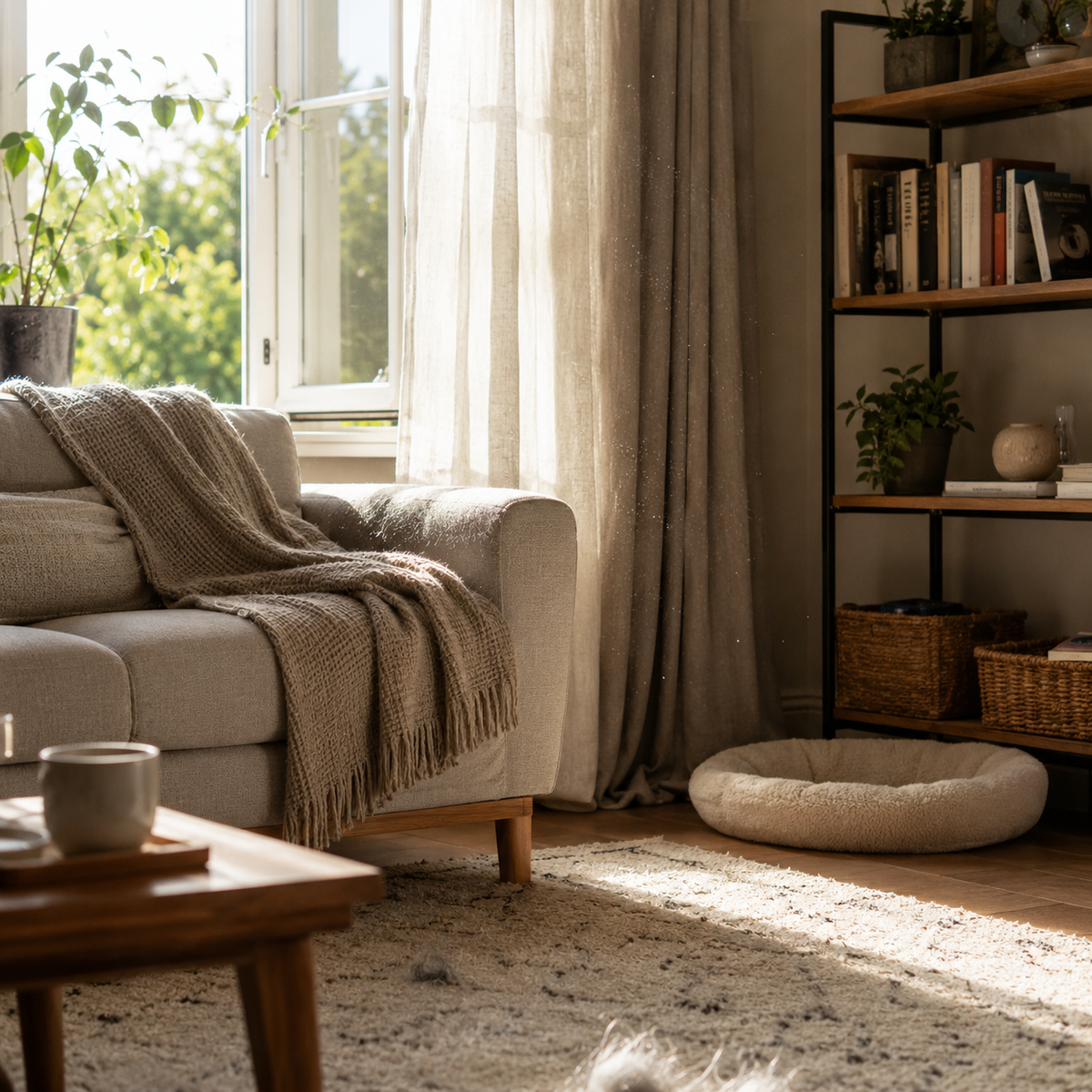 Zonnige woonkamer met vloerkleed, gordijnen, open kast en dierenmand als voorbeelden van stofbronnen in huis