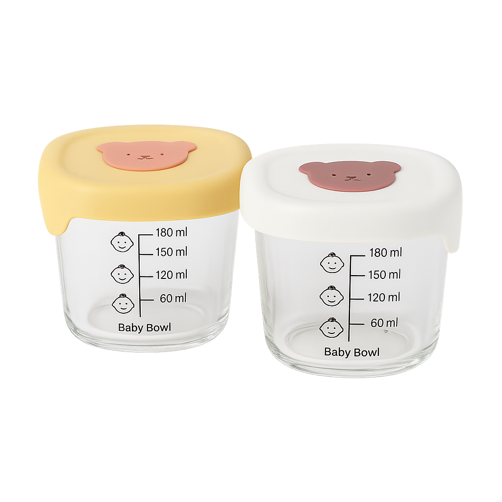 2 Glazen Babyvoedingspotjes 180ml – Duurzaam & Herbruikbaar met Maat Aanduiding