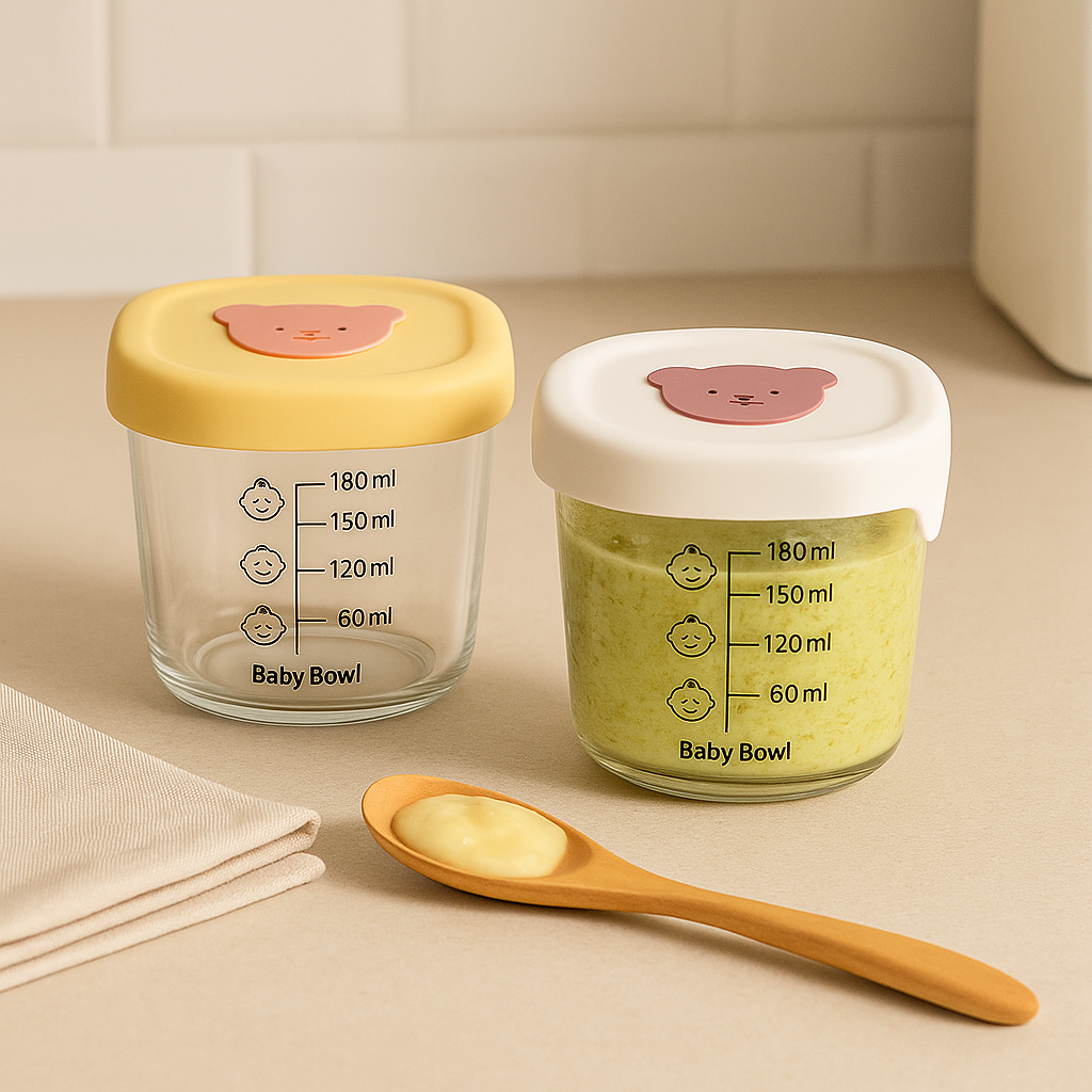 2 Glazen Babyvoedingspotjes 180ml – Duurzaam & Herbruikbaar met Maat Aanduiding