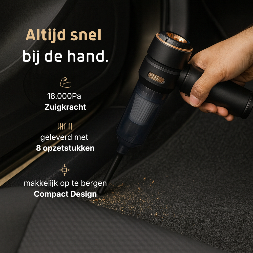 Velini handstofzuiger met 18.000Pa zuigkracht, ideaal voor auto-interieur en moeilijk bereikbare plekken.