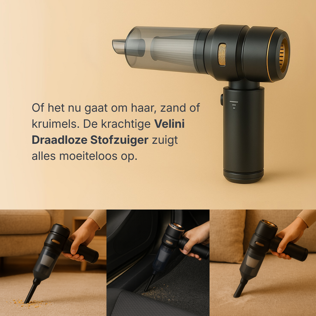 Velini draadloze kruimeldief in actie – geschikt voor kruimels, zand, haar en opblazen van luchtbedden.