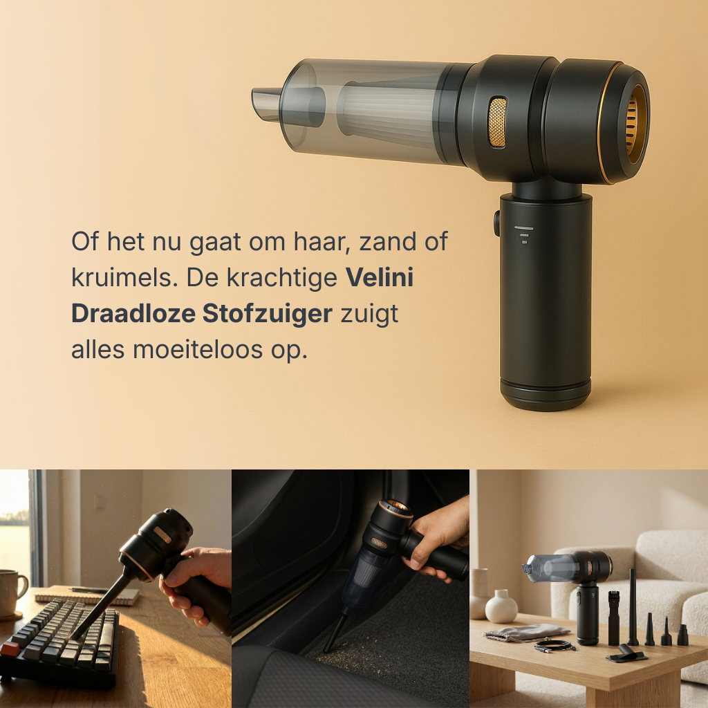 Velini draadloze kruimeldief in actie – geschikt voor kruimels, zand, haar en opblazen van luchtbedden.