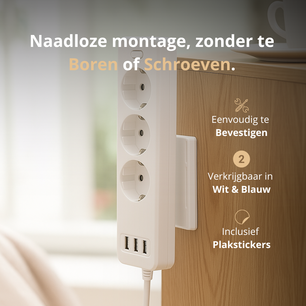 Velini houder met stekkerdoos in gebruik, eenvoudig op te hangen met sterke plaksticker.