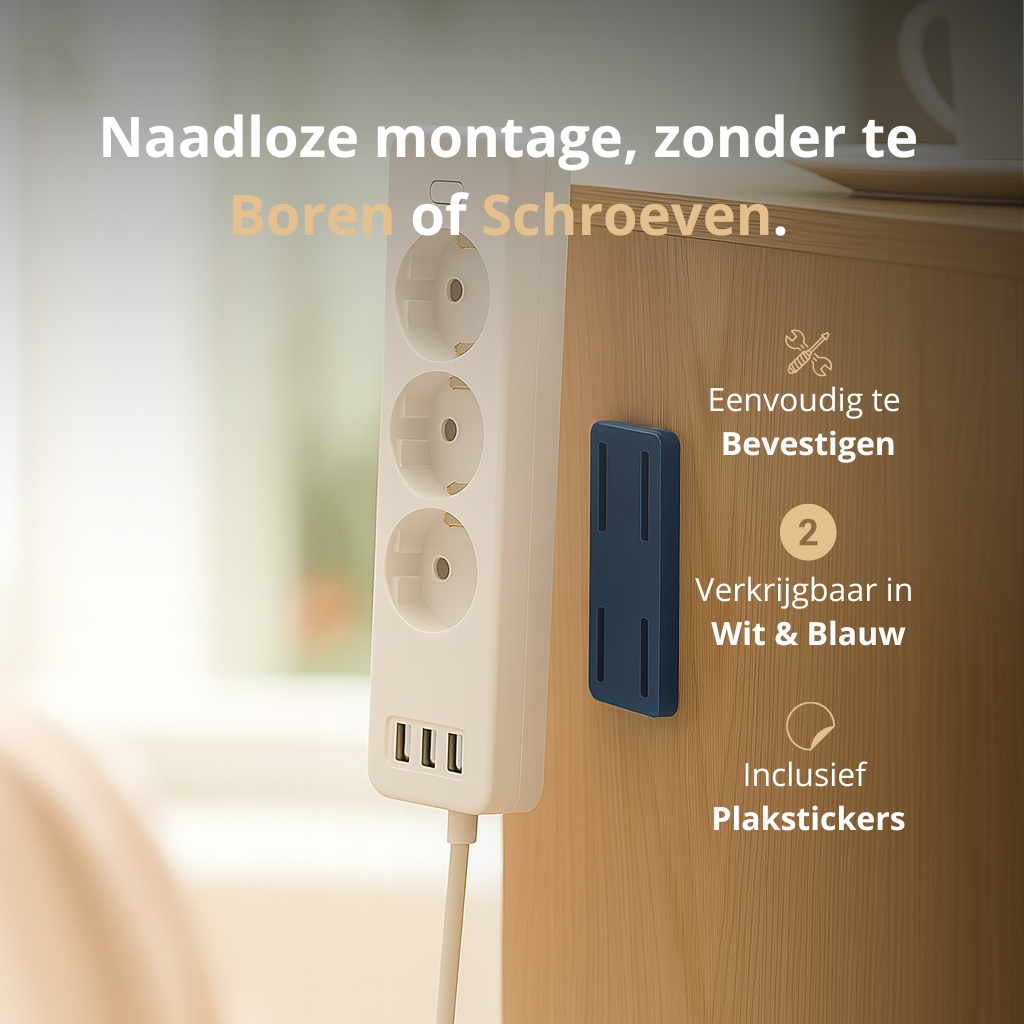 Velini stekkerdooshouder blauw – naadloze montage zonder boren of schroeven, eenvoudig te bevestigen.