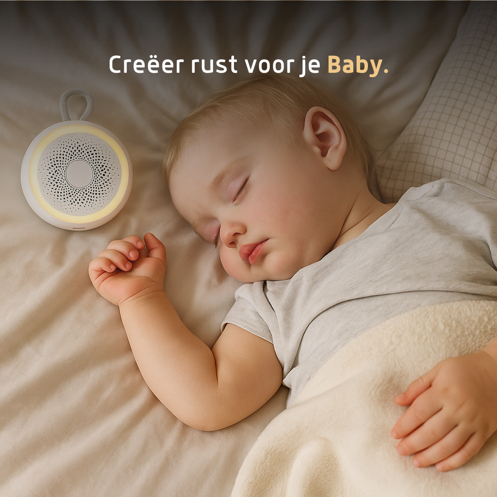 Baby slaapt rustig naast Velini white noise slaaptrainer met warm licht
