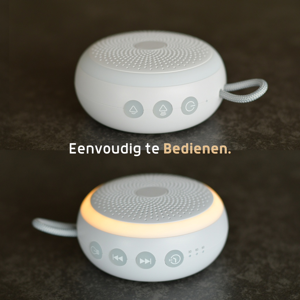 Eenvoudig te bedienen Velini white noise slaaptrainer met knoppen en dimbaar licht