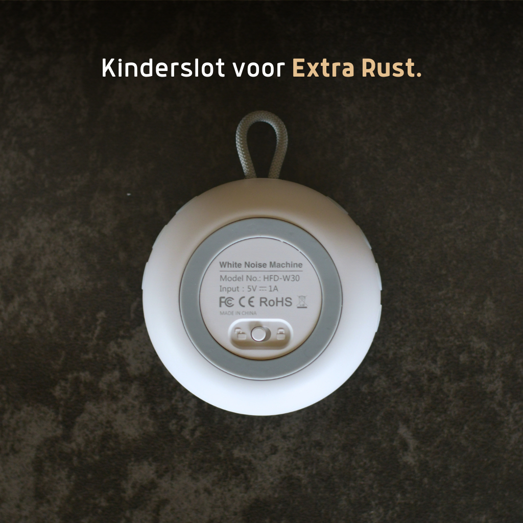 Achterzijde van Velini white noise slaaptrainer met kinderslot voor extra veiligheid