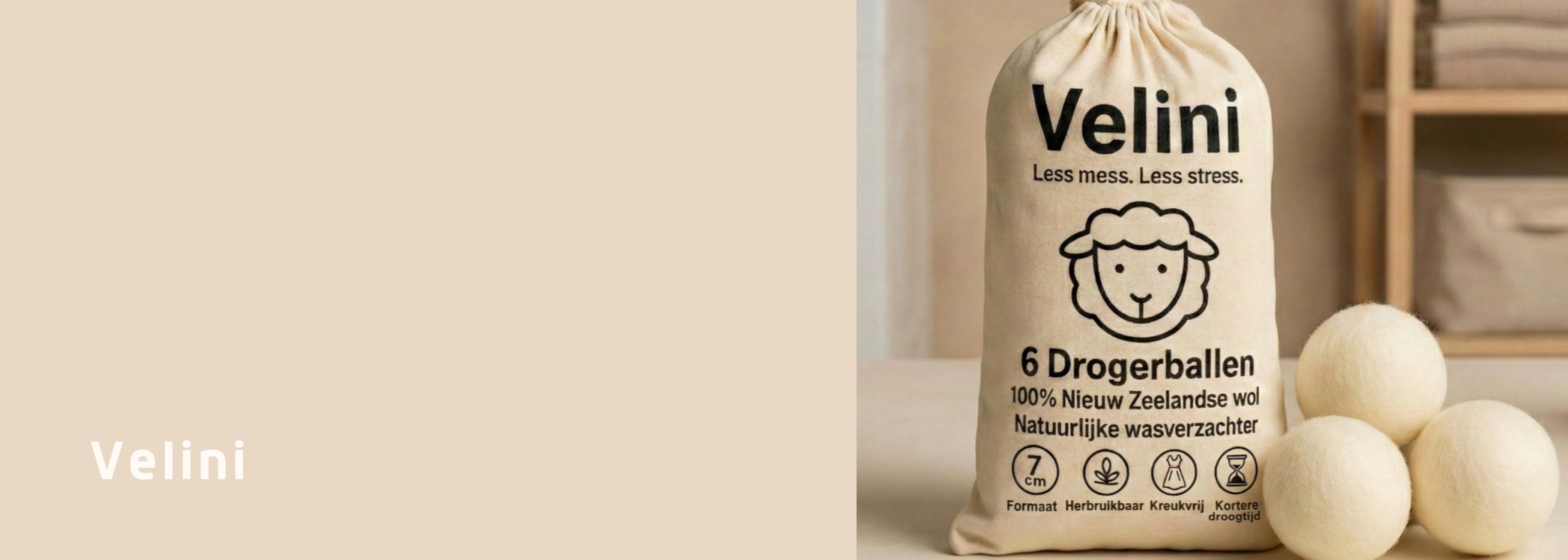 Velini drogerballen 6 stuks van Nieuw Zeelandse wol op tafel + zak