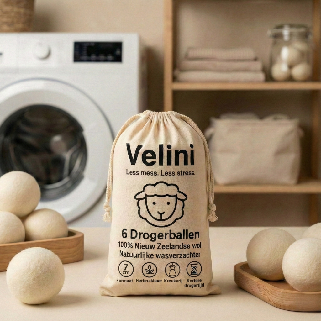 Velini drogerballen 6 stuks in de wasruimte om te wassen

